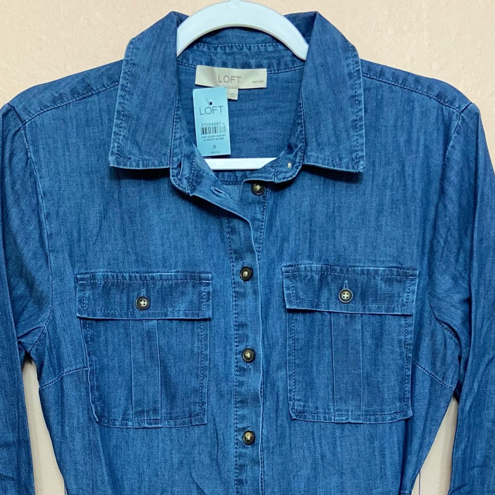 LOFT Petite Chambray Belted Midi Pocket Shirtdress - Picture 7 of 7